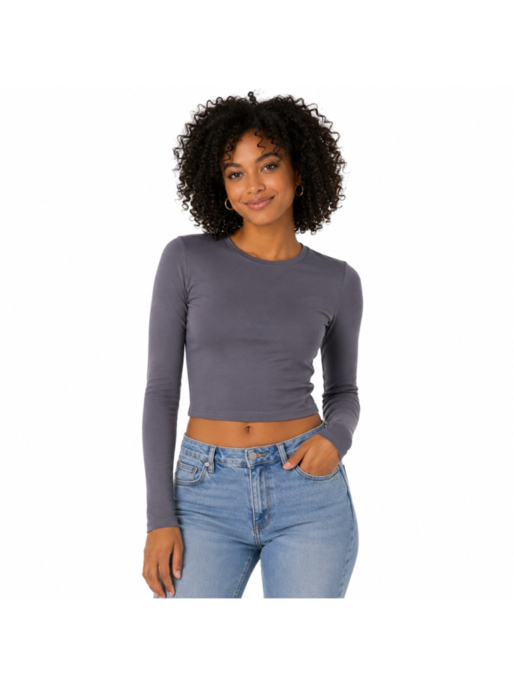 Women’s Emmiol Long Sleeve Tee Basic Y2K Top – Gray – NWT
